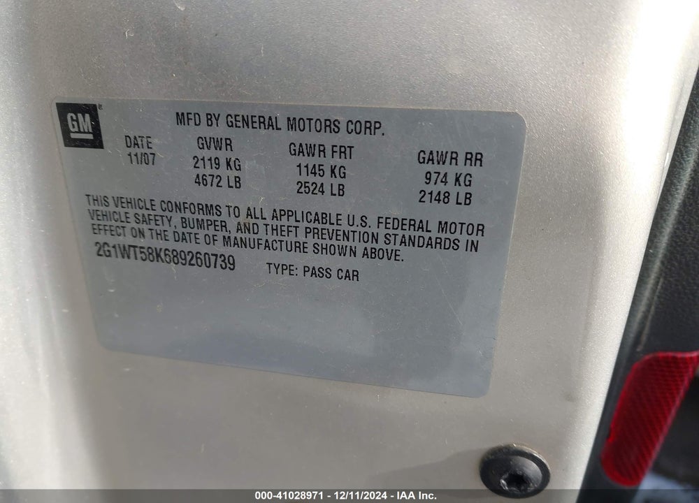 2008 CHEVROLET IMPALA LT VIN: 2G1WT58K689260739