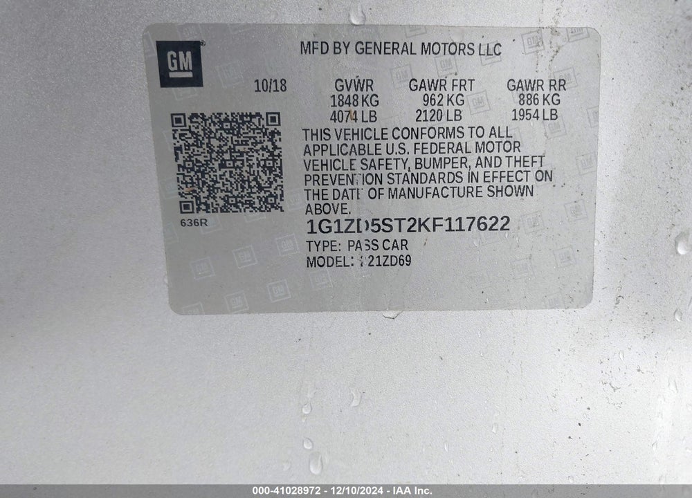 2019 CHEVROLET MALIBU LT VIN: 1G1ZD5ST2KF117622