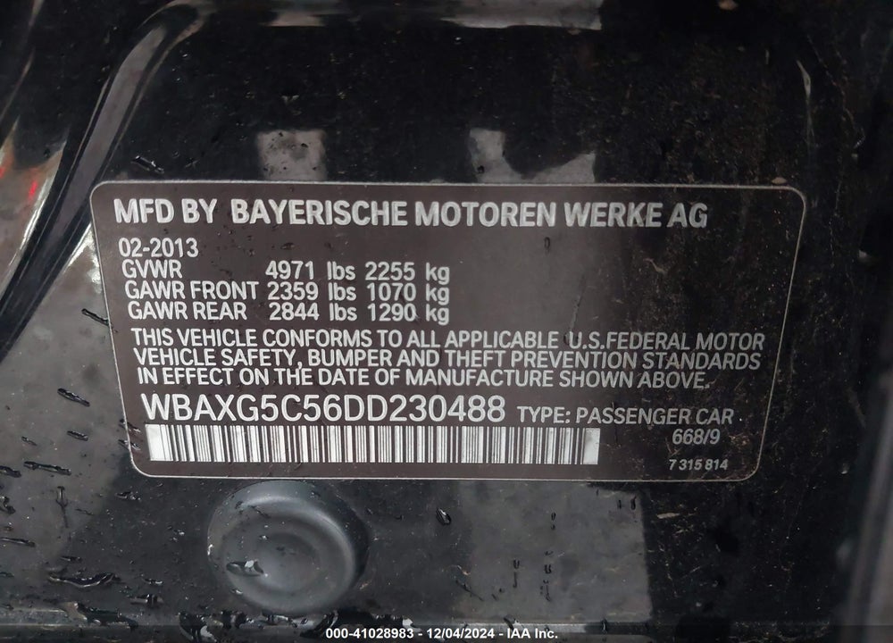 2013 BMW 528I VIN: WBAXG5C56DD230488