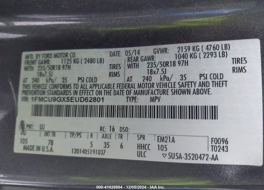 2014 FORD ESCAPE SE VIN: 1FMCU9GX5EUD62801