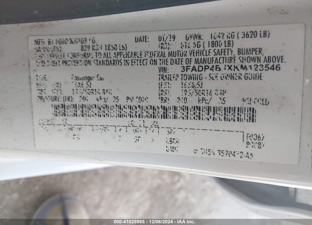 2019 FORD FIESTA VIN: 3FADP4BJXKM123546