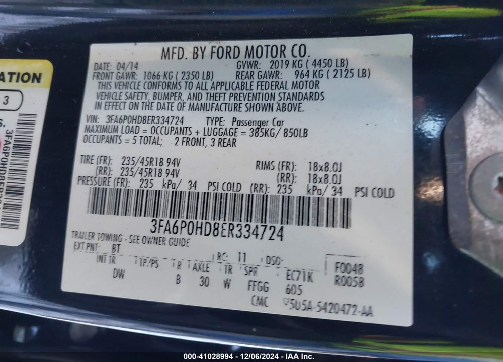 2014 FORD FUSION VIN: 3FA6P0HD8ER334724