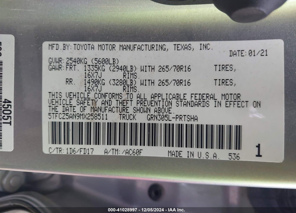 2021 TOYOTA TACOMA VIN: 5TFCZ5AN9MX258511