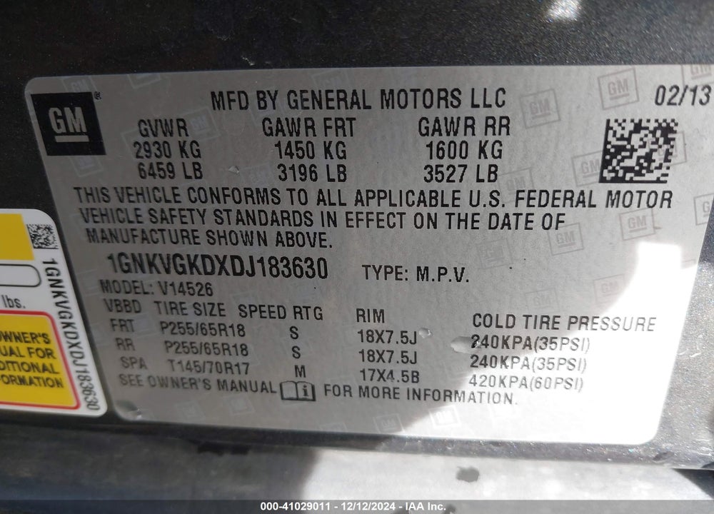 2013 CHEVROLET TRAVERSE 1LT VIN: 1GNKVGKDXDJ183630