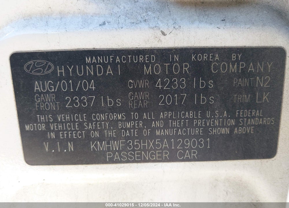 2005 HYUNDAI SONATA GLS/LX VIN: KMHWF35HX5A129031