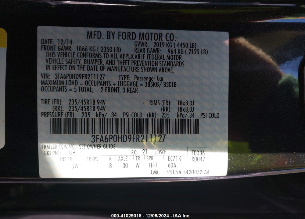 2015 FORD FUSION SE VIN: 3FA6P0HD9FR211127