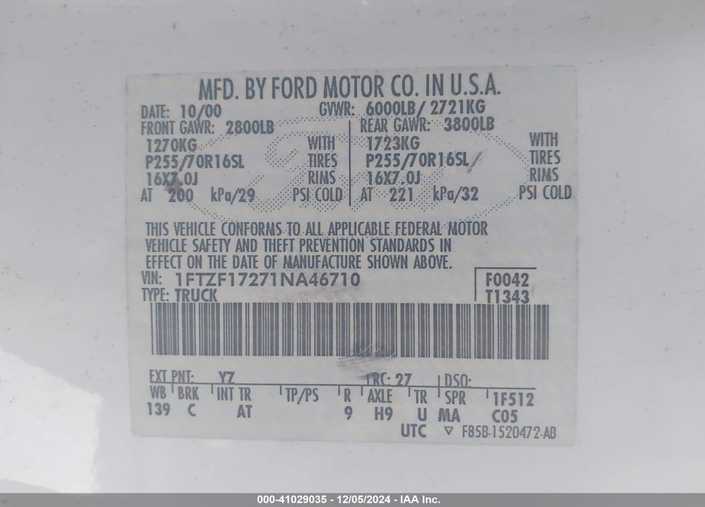 2001 FORD F-150 XL/XLT VIN: 1FTZF17271NA46710