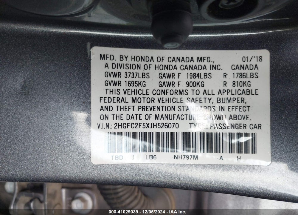 2018 HONDA CIVIC VIN: 2HGFC2F5XJH526070