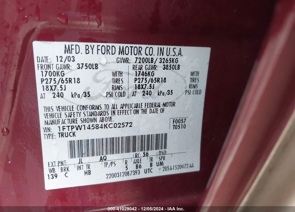 2004 FORD F-150 FX4/LARIAT/XLT VIN: 1FTPW14584KC02572