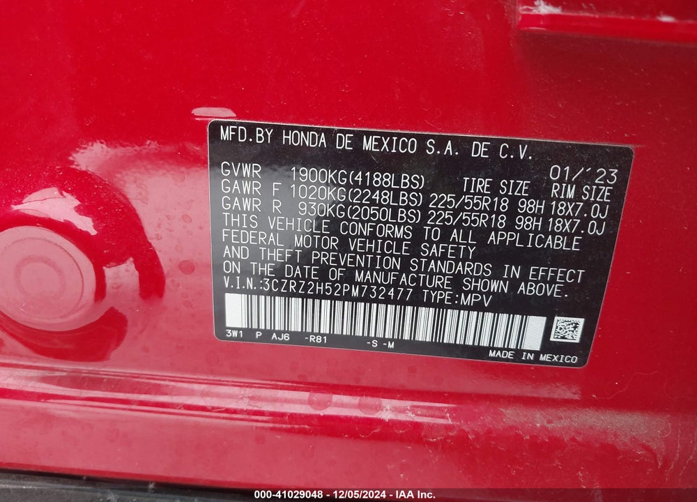 2023 HONDA HR-V AWD SPORT VIN: 3CZRZ2H52PM732477