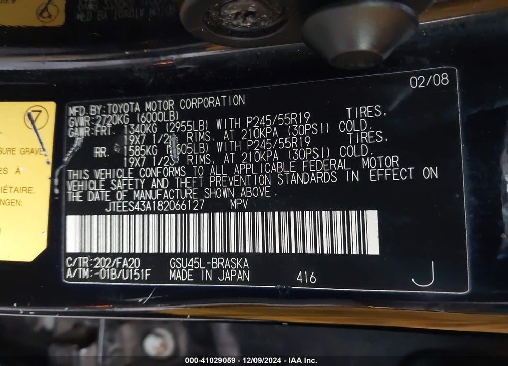 2008 TOYOTA HIGHLANDER SPORT VIN: JTEES43A182066127