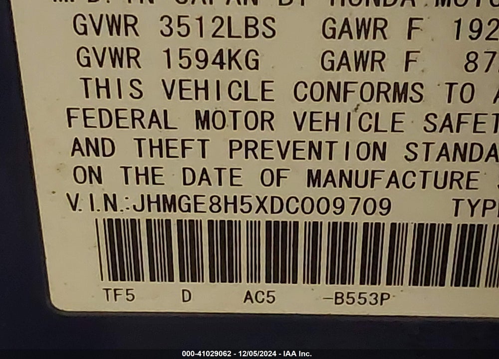 2013 HONDA FIT SPORT VIN: JHMGE8H5XDC009709