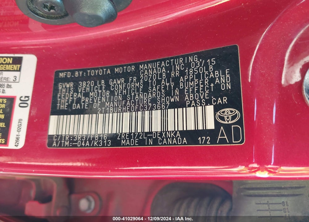 2015 TOYOTA COROLLA LE VIN: 2T1BURHE0FC373667