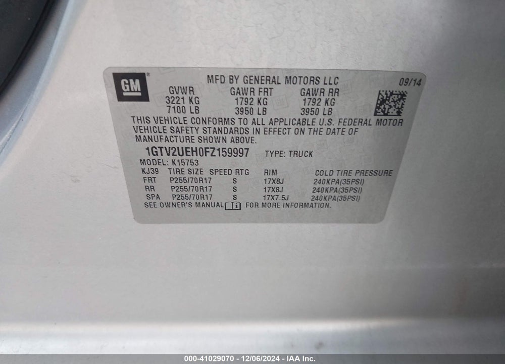 2015 GMC SIERRA 1500 VIN: 1GTV2UEH0FZ159997