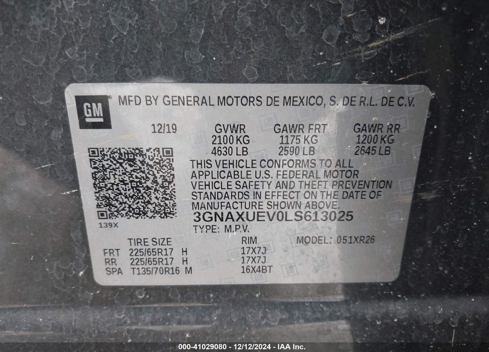 2020 CHEVROLET EQUINOX AWD LT 1.5L TURBO VIN: 3GNAXUEV0LS613025