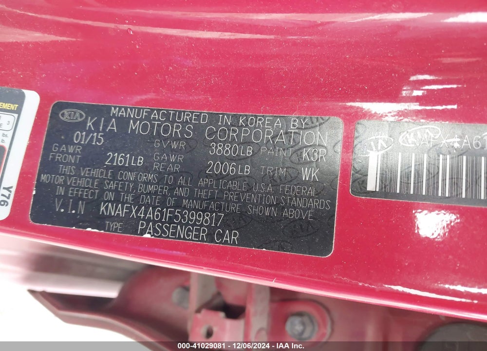 2015 KIA FORTE VIN: KNAFX4A61F5399817