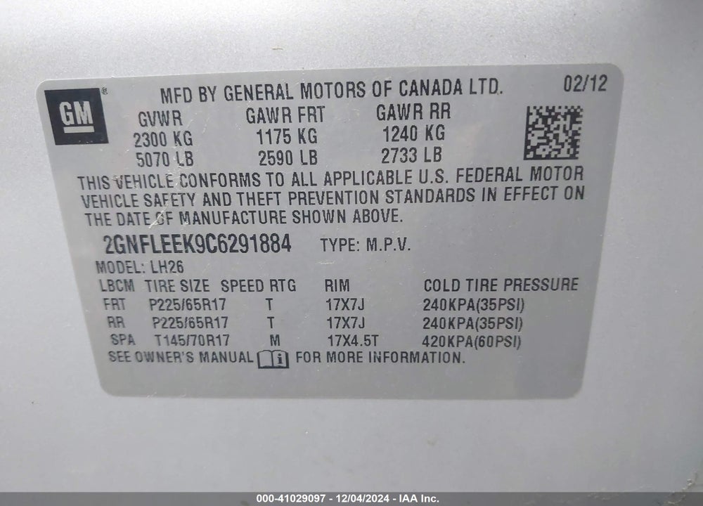 2012 CHEVROLET EQUINOX 1LT VIN: 2GNFLEEK9C6291884
