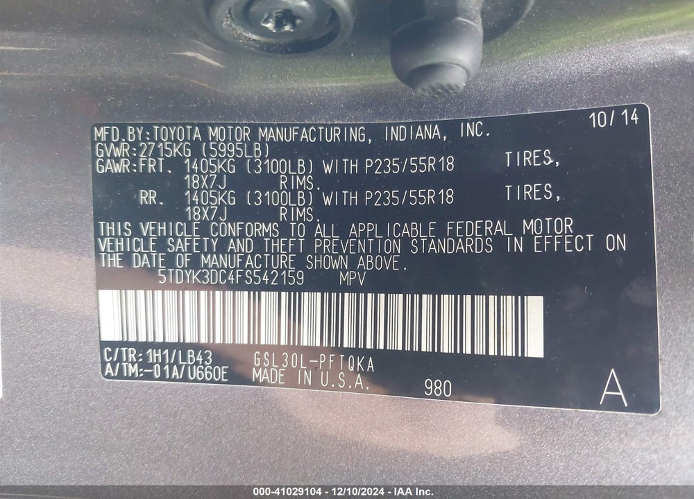 2015 TOYOTA SIENNA LIMITED PREMIUM 7 PASSENGER VIN: 5TDYK3DC4FS542159