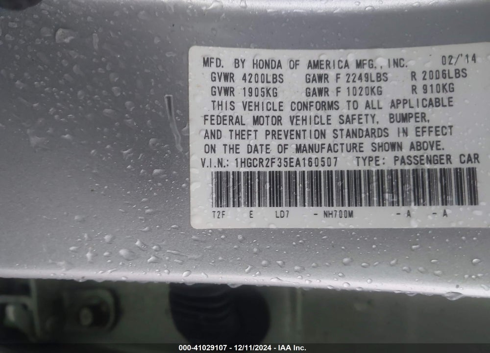 2014 HONDA ACCORD LX VIN: 1HGCR2F35EA160507