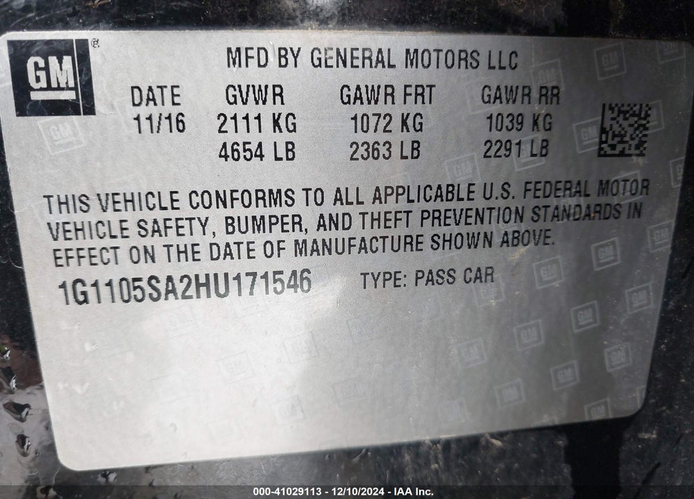 2017 CHEVROLET IMPALA 1LT VIN: 1G1105SA2HU171546