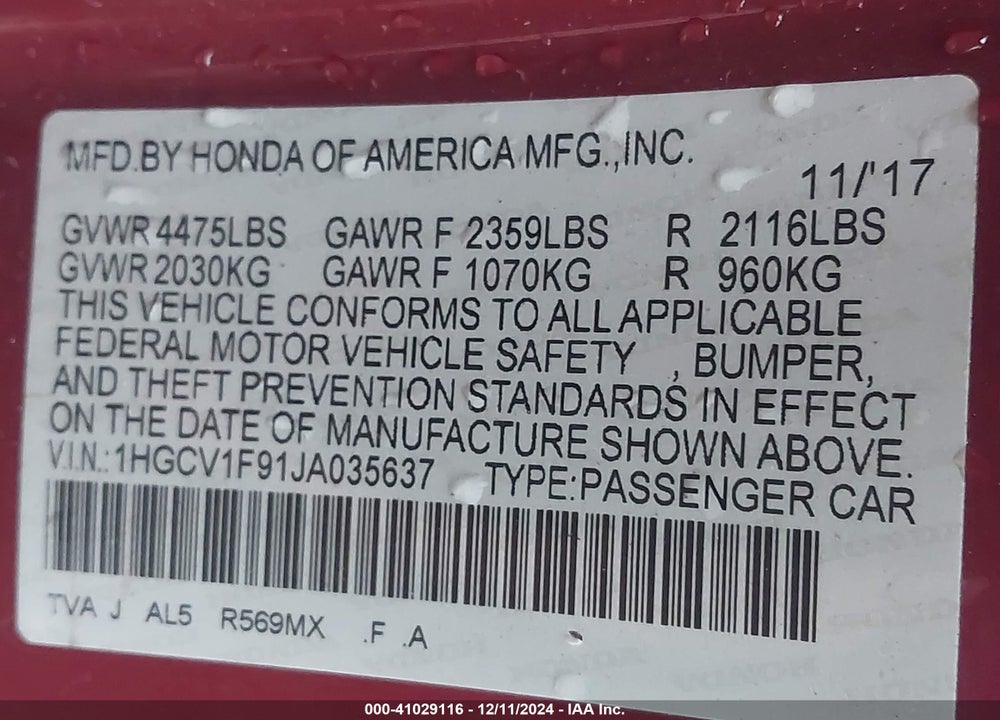 2018 HONDA ACCORD TOURING VIN: 1HGCV1F91JA035637