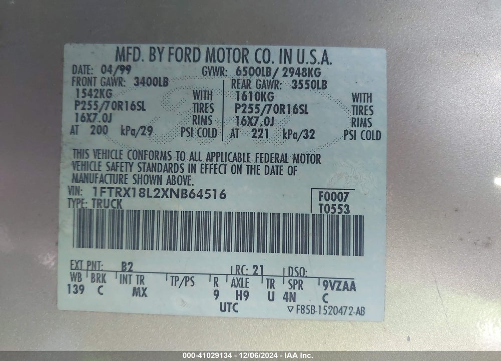 1999 FORD F-150 LARIAT/XL/XLT VIN: 1FTRX18L2XNB64516