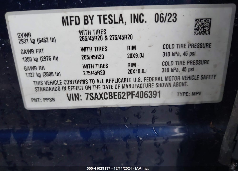 2023 TESLA MODEL X PLAID TRI MOTOR ALL-WHEEL DRIVE VIN: 7SAXCBE62PF406391