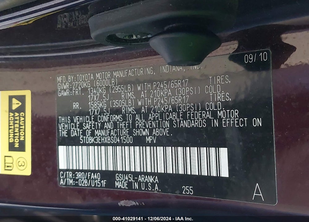 2011 TOYOTA HIGHLANDER SE VIN: 5TDBK3EHXBS041500