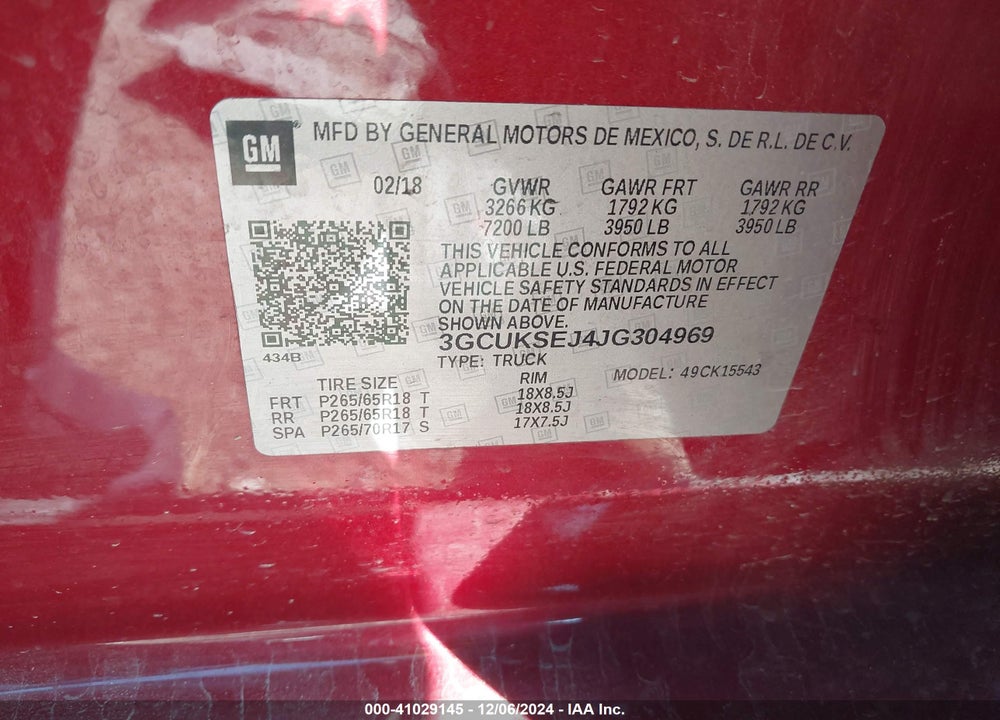 2018 CHEVROLET SILVERADO 1500 2LZ VIN: 3GCUKSEJ4JG304969