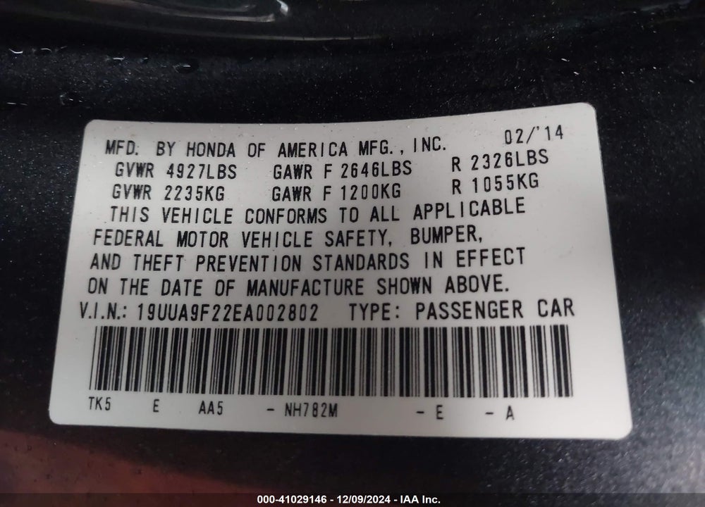 2014 ACURA TL 3.7 VIN: 19UUA9F22EA002802