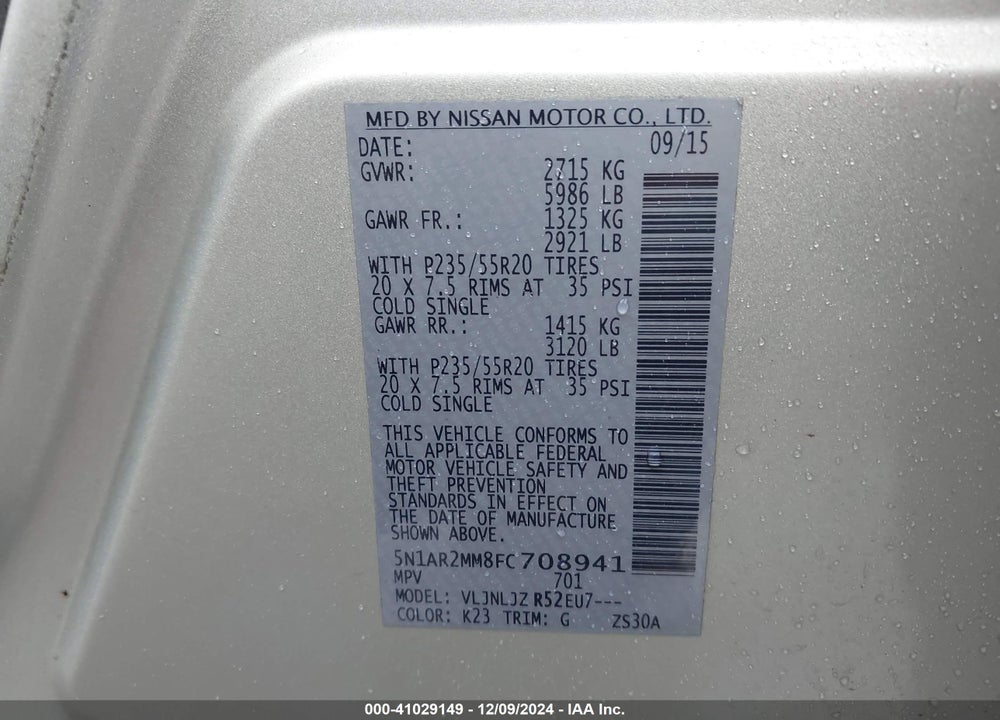 2015 NISSAN PATHFINDER PLATINUM VIN: 5N1AR2MM8FC708941