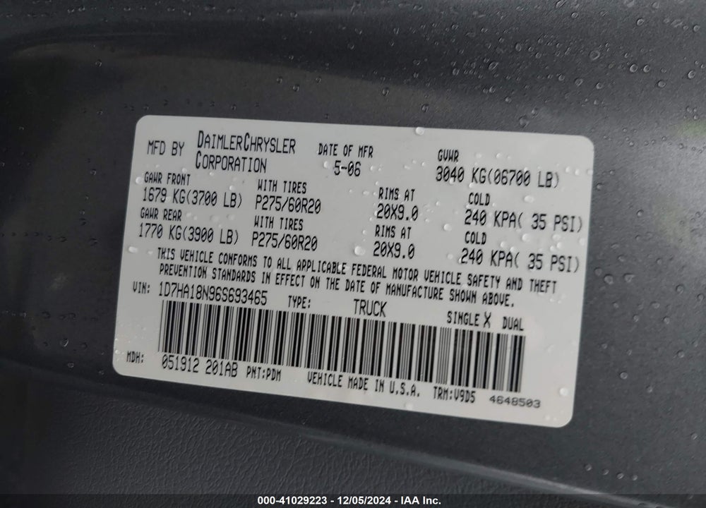 2006 DODGE RAM 1500 SLT VIN: 1D7HA18N96S693465