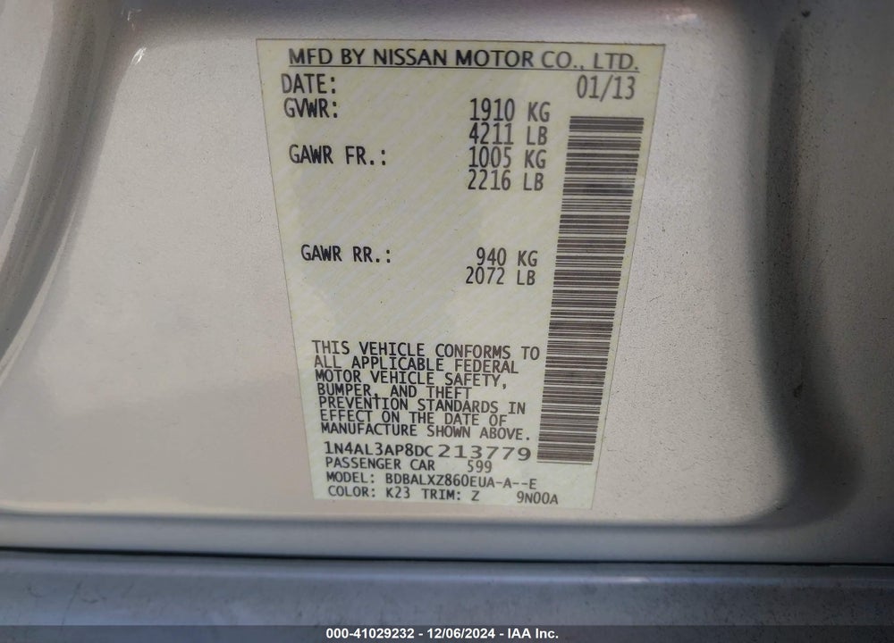2013 NISSAN ALTIMA VIN: 1N4AL3AP8DC213779