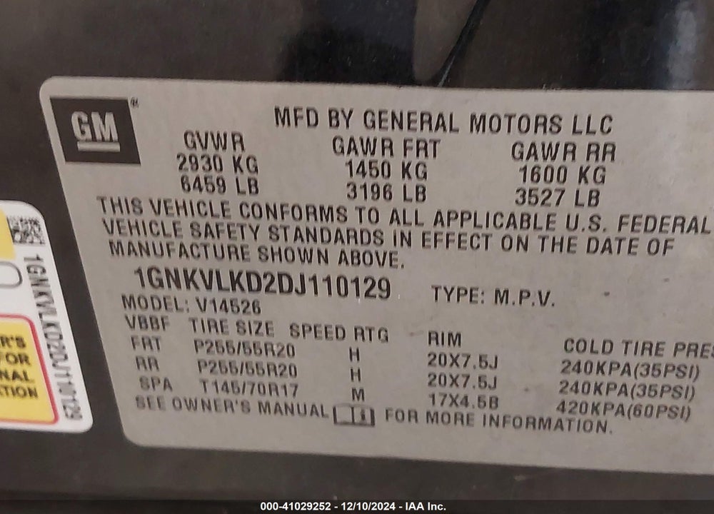 2013 CHEVROLET TRAVERSE LTZ VIN: 1GNKVLKD2DJ110129