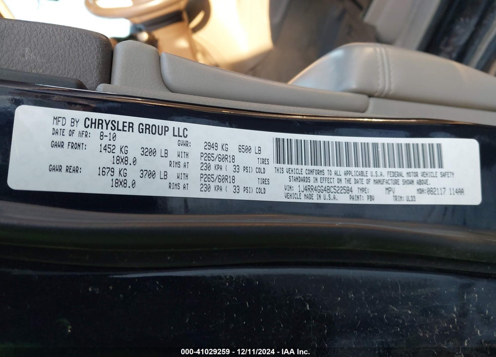2011 JEEP GRAND CHEROKEE VIN: 1J4RR4GG4BC522584