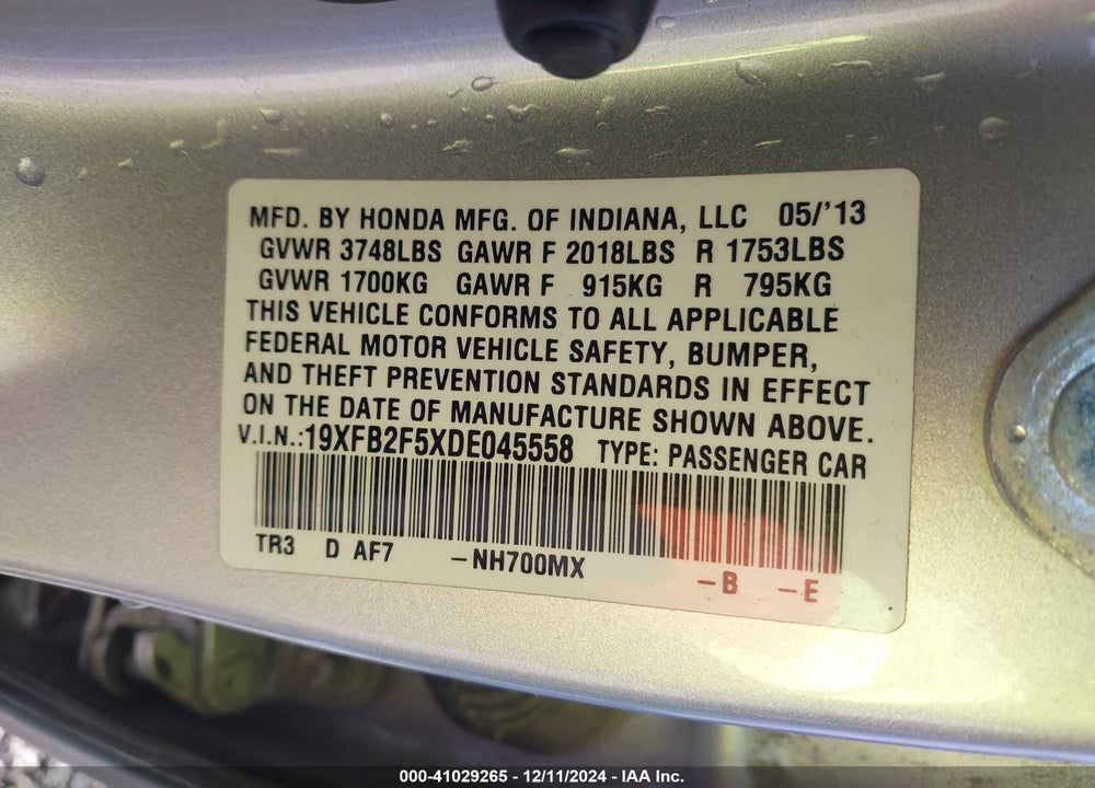 2013 HONDA CIVIC LX VIN: 19XFB2F5XDE045558
