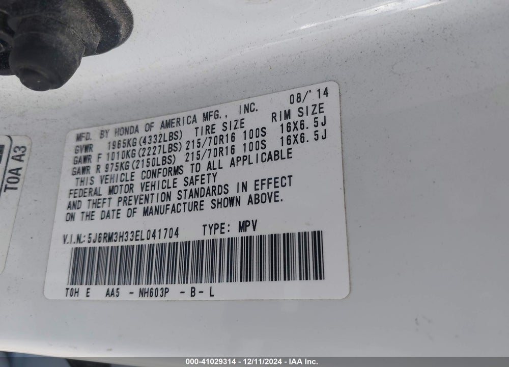 2014 HONDA CR-V LX VIN: 5J6RM3H33EL041704
