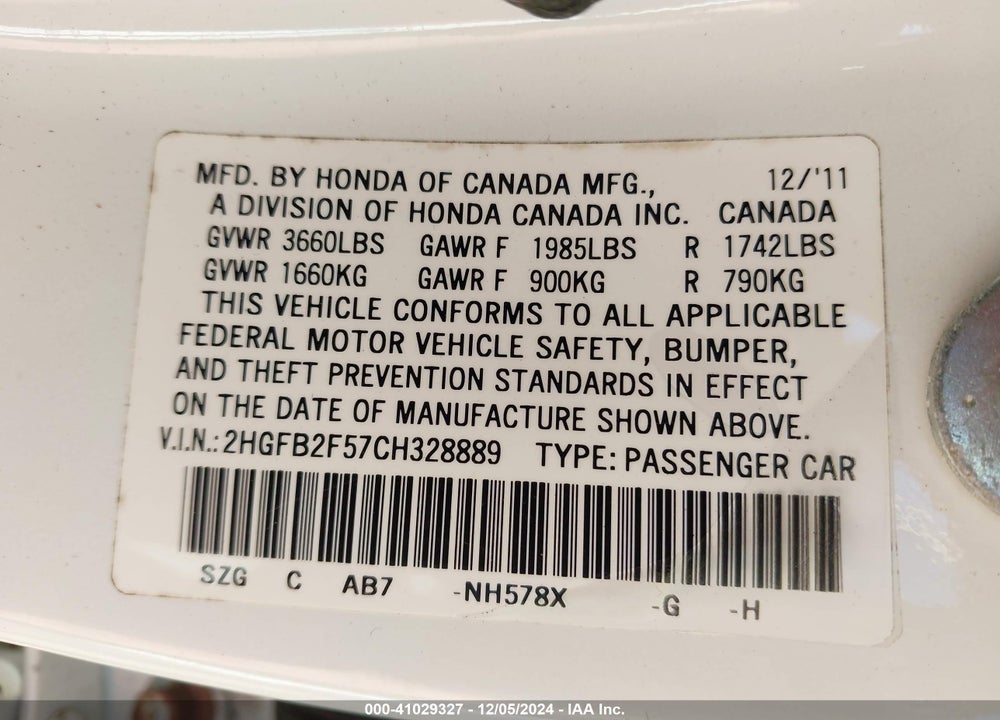 2012 HONDA CIVIC LX VIN: 2HGFB2F57CH328889