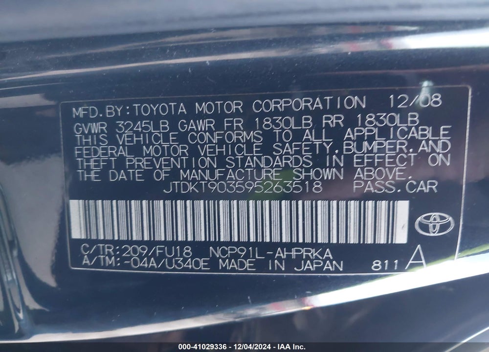 2009 TOYOTA YARIS VIN: JTDKT903595263518