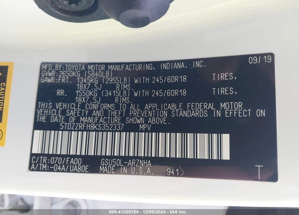 2019 TOYOTA HIGHLANDER LE PLUS VIN: 5TDZZRFH8KS352337