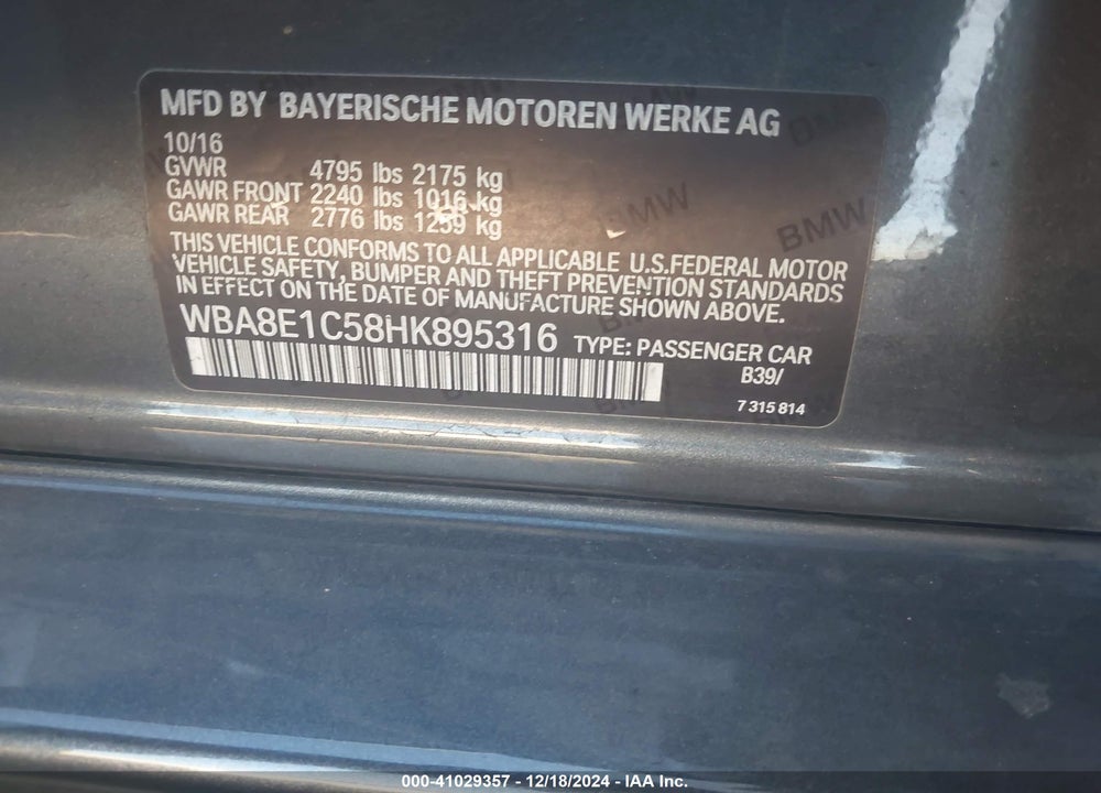 2017 BMW 330E IPERFORMANCE VIN: WBA8E1C58HK895316