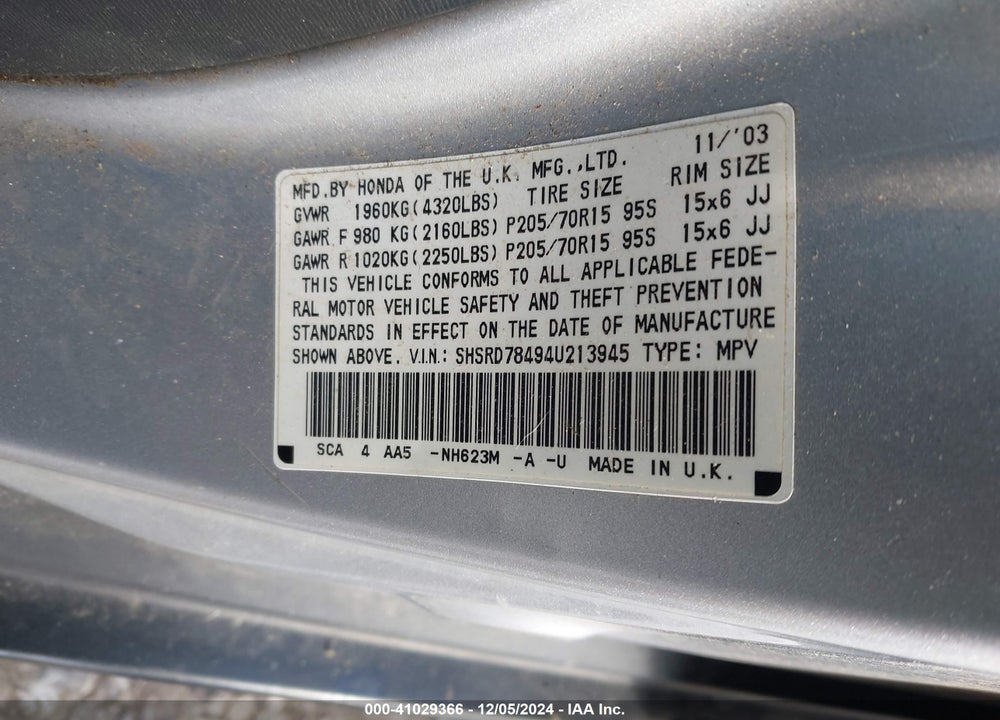 2004 HONDA CR-V LX VIN: SHSRD78494U213945