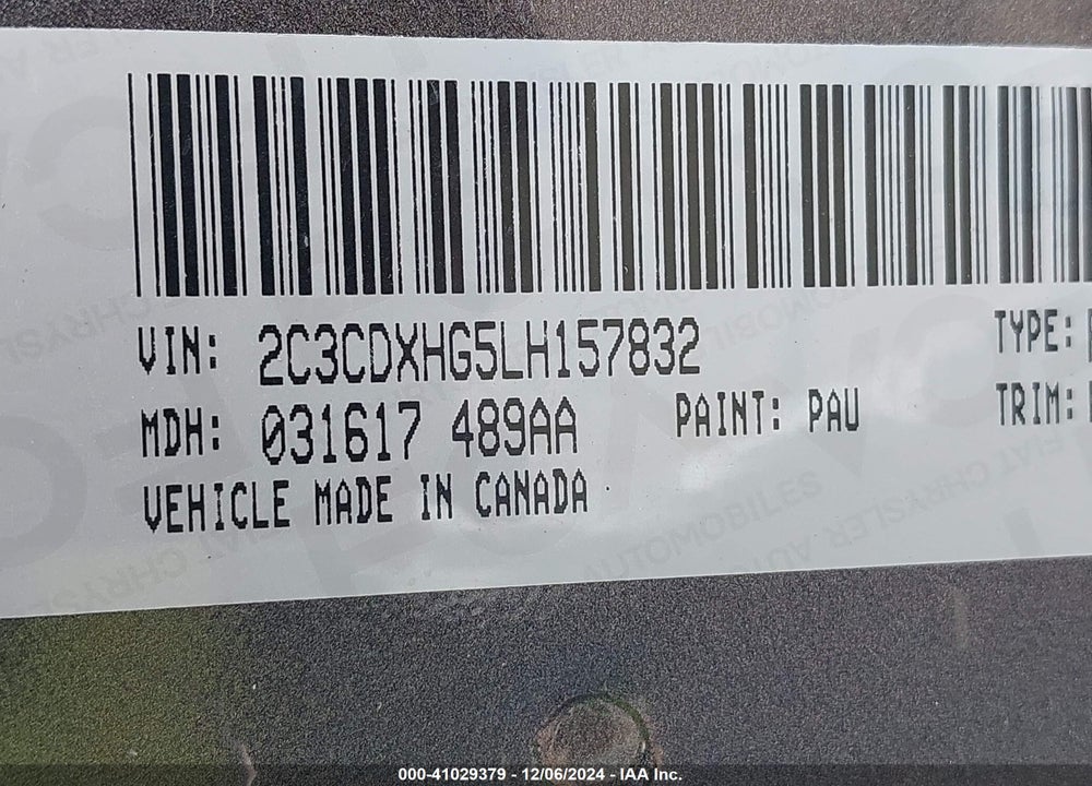 2020 DODGE CHARGER VIN: 2C3CDXHG5LH157832