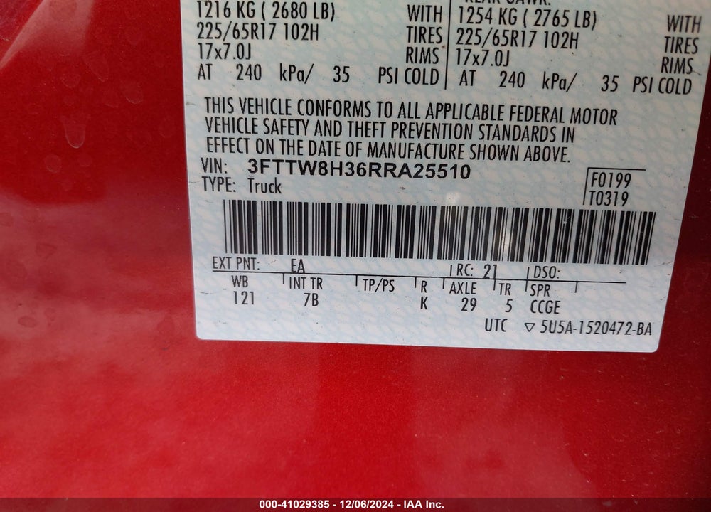 2024 FORD MAVERICK XLT VIN: 3FTTW8H36RRA25510