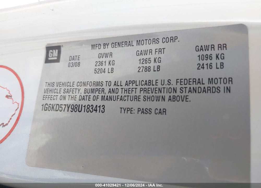 2008 CADILLAC DTS 1SB VIN: 1G6KD57Y98U183413