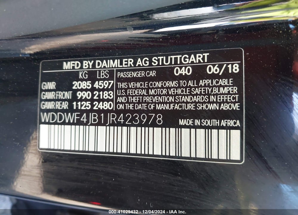 2018 MERCEDES-BENZ C 300 VIN: WDDWF4JB1JR423978