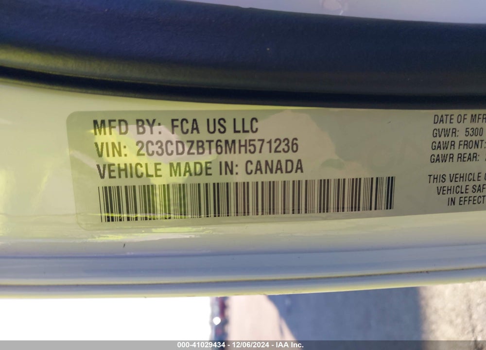 2021 DODGE CHALLENGER VIN: 2C3CDZBT6MH571236