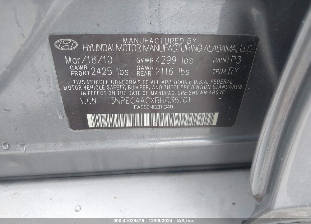 2011 HYUNDAI SONATA LIMITED VIN: 5NPEC4ACXBH035101