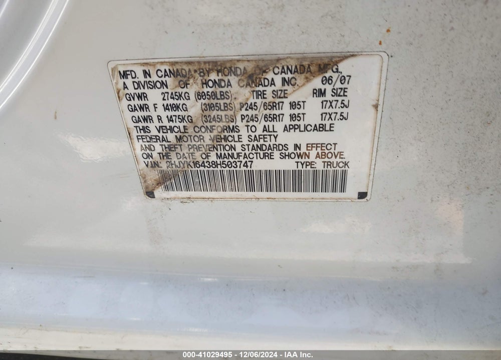 2008 HONDA RIDGELINE RTS VIN: 2HJYK16438H503747