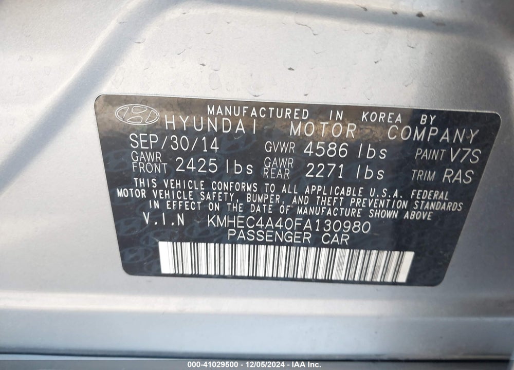 2015 HYUNDAI SONATA HYBRID VIN: KMHEC4A40FA130980
